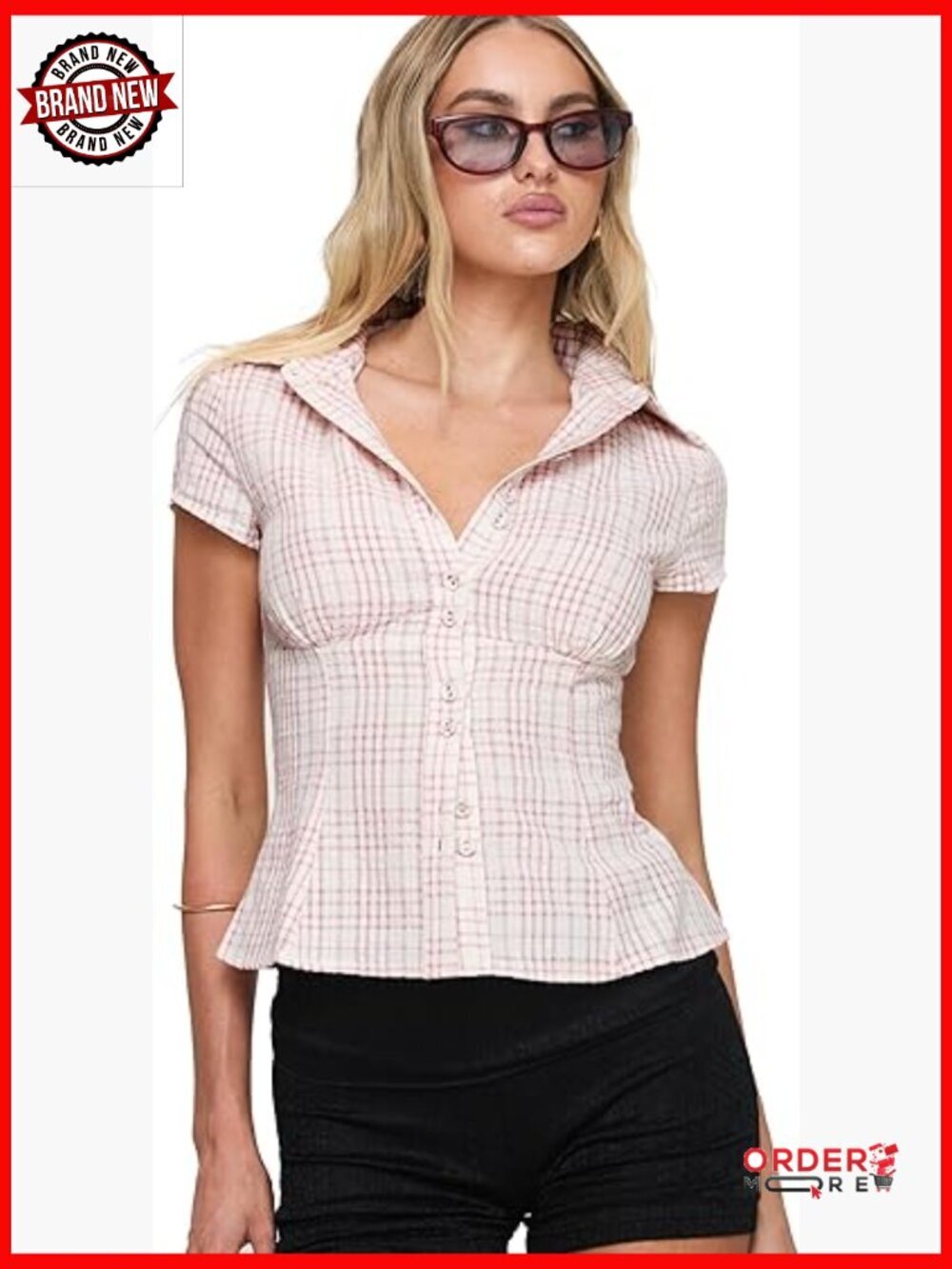 Rucked Bust Cap Sleeve Blouse Crop Button Down Cotton